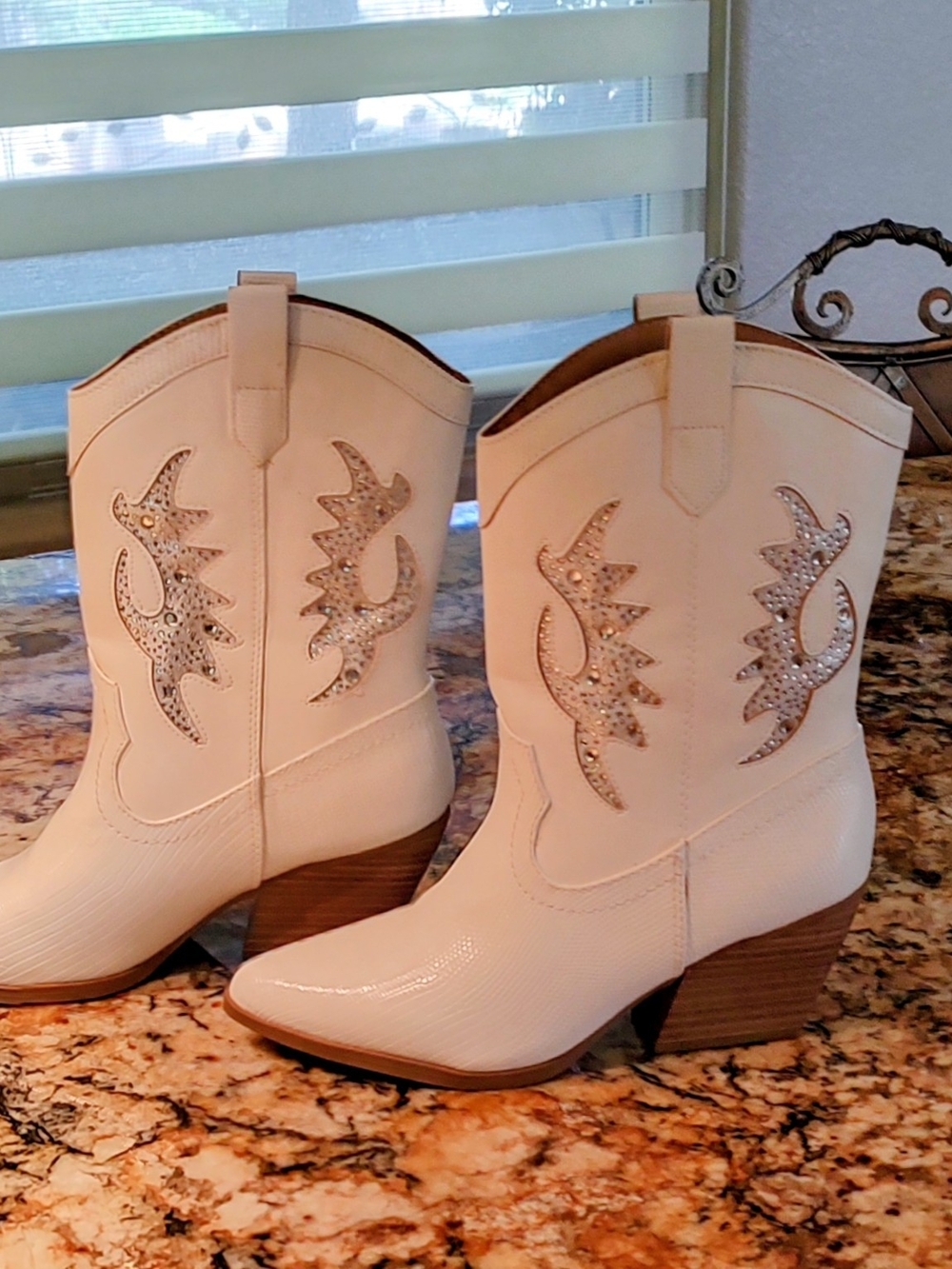 Soda White Rhinestone Western Mid-Calf Heeled Cowboy Boots - Picture 7 of 14